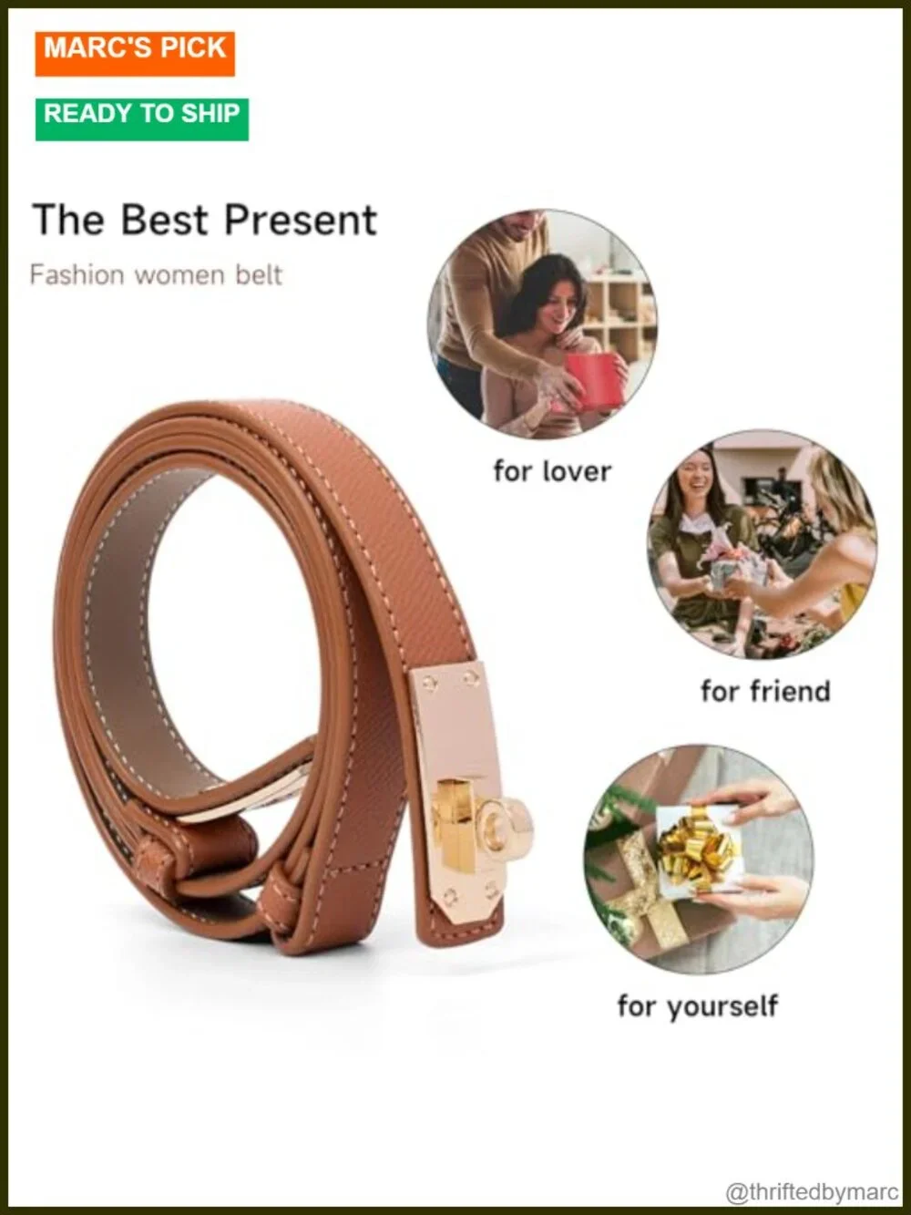 Genuine Leather Thin Belt with Turn Lock Buckle for Dresses & Pants
